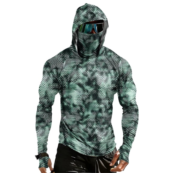 Men's UPF 50 Camo Sun Hoodie, Raglan Colorblock Long Sleeve Uv Protection Hooded Fishing Shirt, Lightweight Quick Dry Polyester Black L