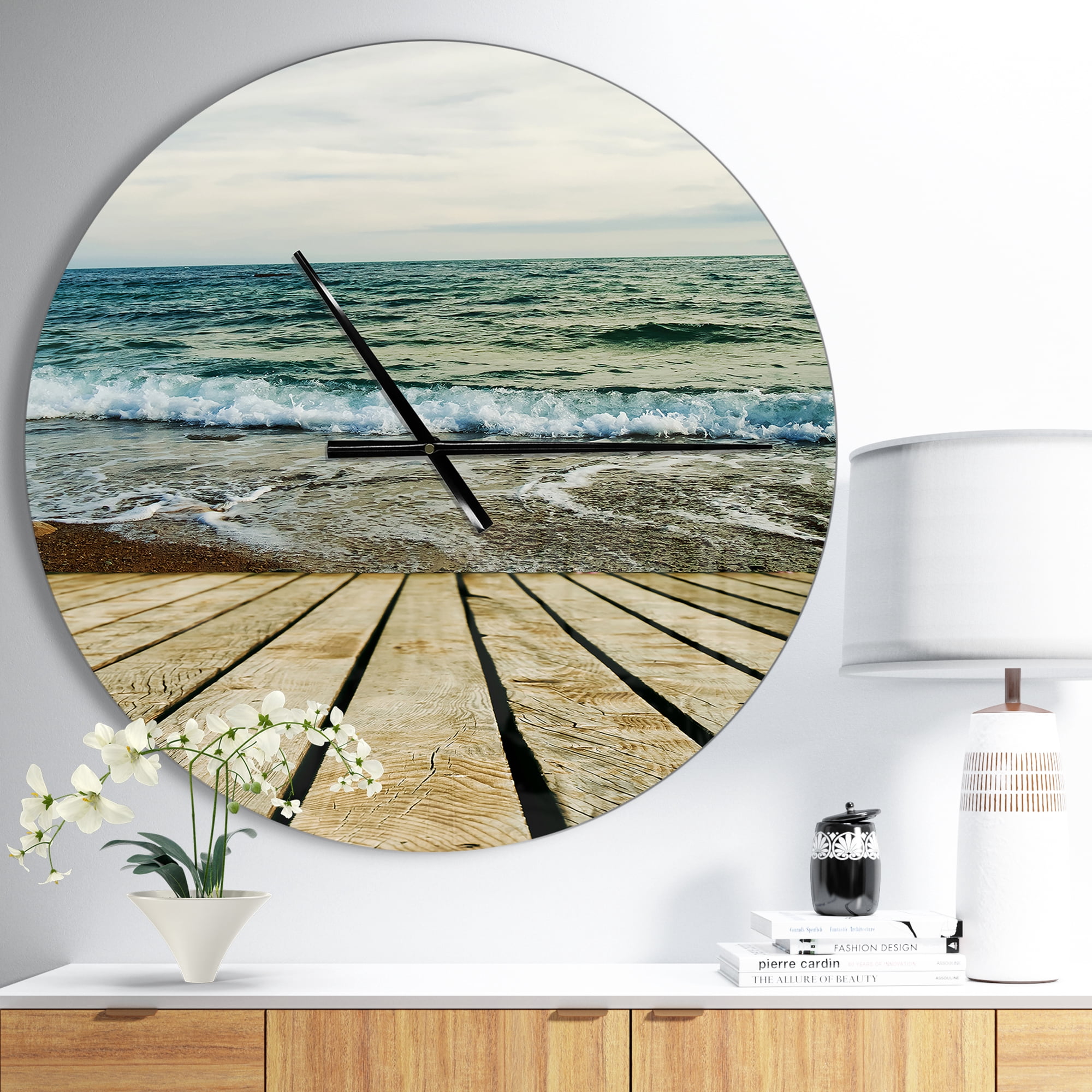 Designart 'Wooden Pier in Waving Sea ' Modern wall clock
