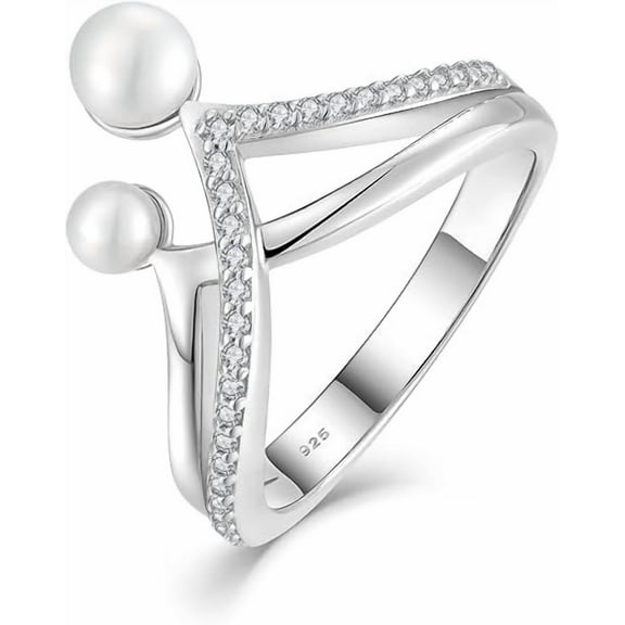 Queen's Crown Pearl Ring, 925 Sterling Silver Cubic Zirconia Women's Rings with 4MM & 5MM White Freshwater Cultured Pearl Statement Ring for Women, Size 6