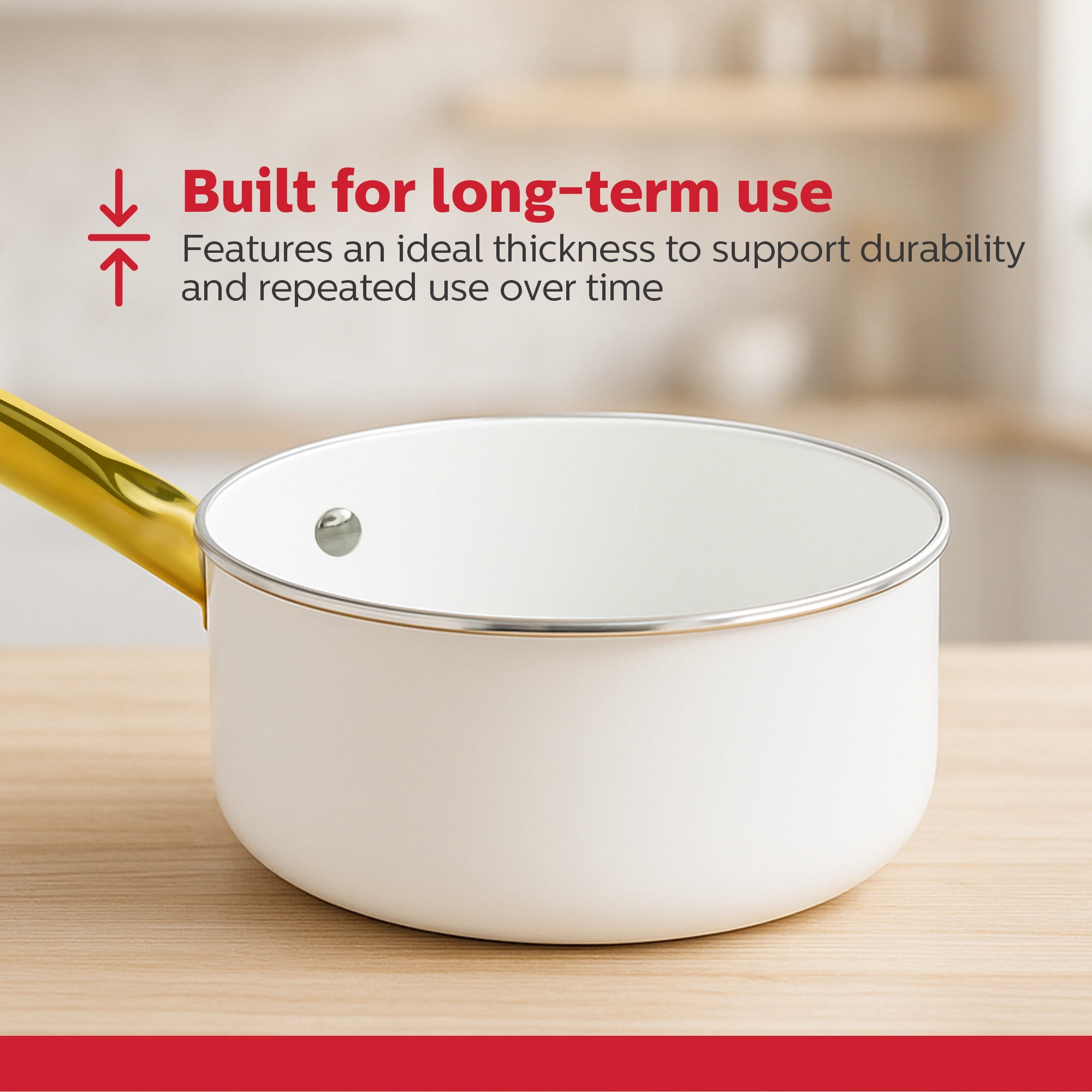 Holstein Housewares 2.5 Qt Nonstick Ceramic Saucepan with Gold Stainless Steel Handle, White and Gold