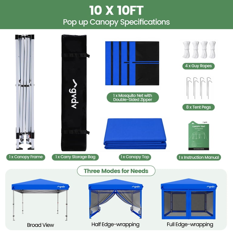GVDV 10'x10' Canopy Tent with Mosquito Net, Zippered Doors