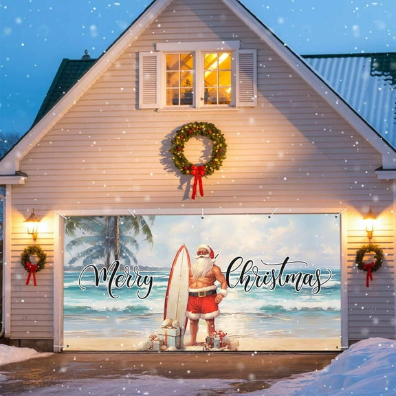 Santa Claus Surfboard Christmas Garage Door Decorations, 6.9x8ft Garage Door Cover Banner with Grommets, Outdoor Garage Door Backdrop Mural for Holiday Party Wall Decor, Beach Merry Christmas