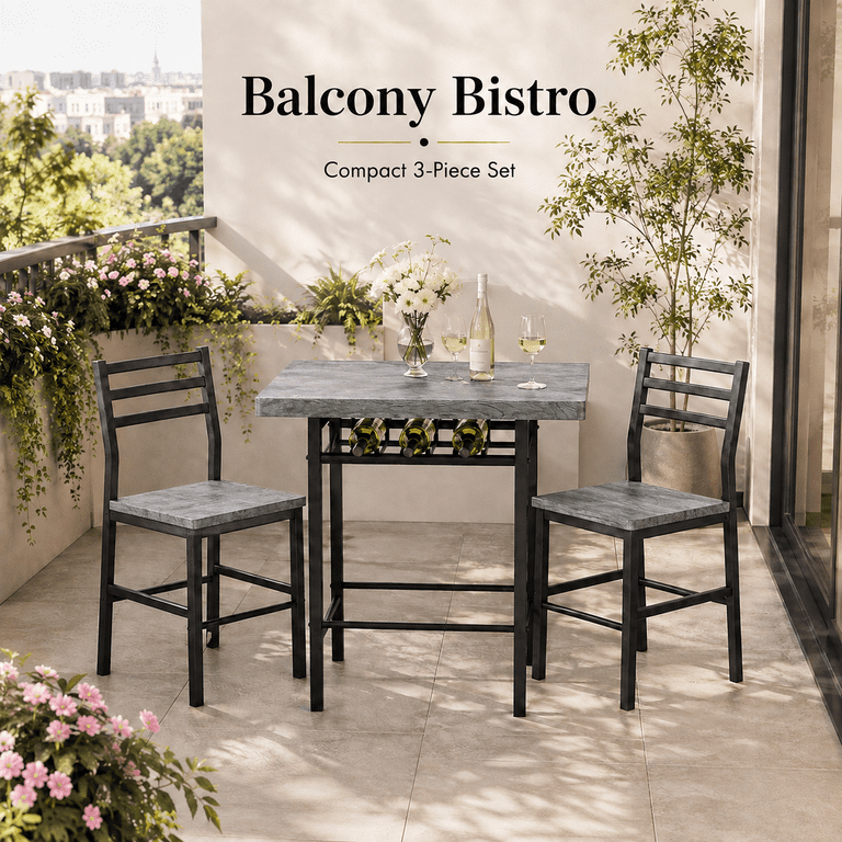 Lacoo 3 Piece Dining Table Set for 2, Small Kitchen Table and 2 Chairs, Space Saving Dining Room Table Set for Apartment, Breakfast Nook, Gray