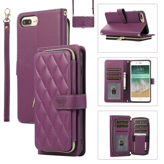 Feishell for iPhone 7/8/SE 2020/SE 2022 Crossbody Zipper Wallet Case,for Women Men,Premium PU Leather Shockproof Magnetic Clasp Card Slots Kickstand Phone Case with Shoulder & Wrist Strap,Darkpurple