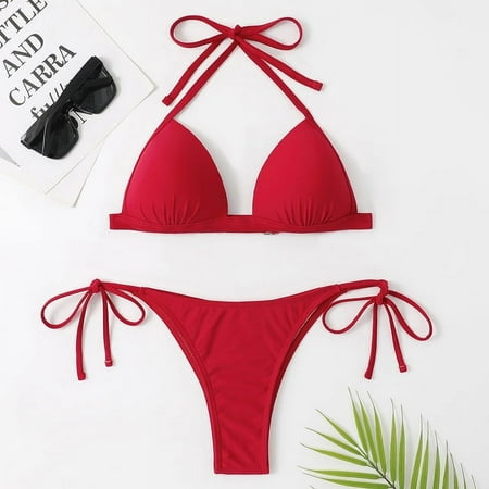Women Sexy Solid Halter Bikini Sets Black/White/Red Swimsuit Ruched Low Waisted Lace Up Beach Bathing Suit Hard Cup Top 2024 New ZYN