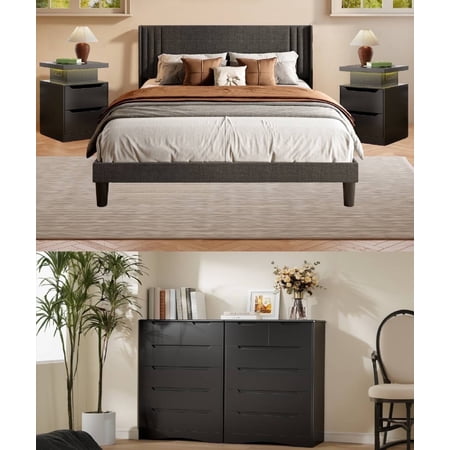5 Pieces Bedroom Furniture Set, Includes Queen Size Bed Frame with Headboard, Nightstand Sets of 2，6-Drawers Dressers and 4-Drawers Dressers with Cutout Handle,Black