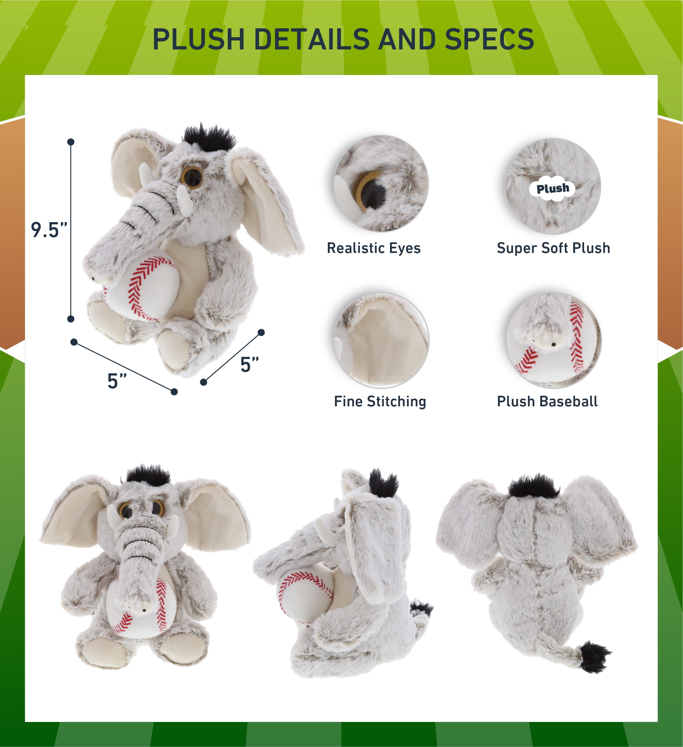 DolliBu Sitting Elephant Stuffed Animal with Baseball Plush - Soft Plush Huggable Elephant, Adorable Playtime Plush Toy, Cute Wildlife Gift, Baseball Plush Animal Toy for Kids, Adults - 9.5 Inch