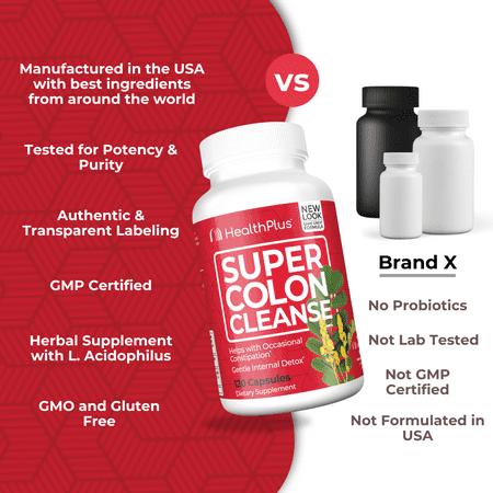 Health Plus Super Colon Cleanse 30 Day Supply of Gentle Gut Cleanse Detox, Psyllium Husk, Probiotics for Constipation Relief & Digestive Support, 120 Capsules
