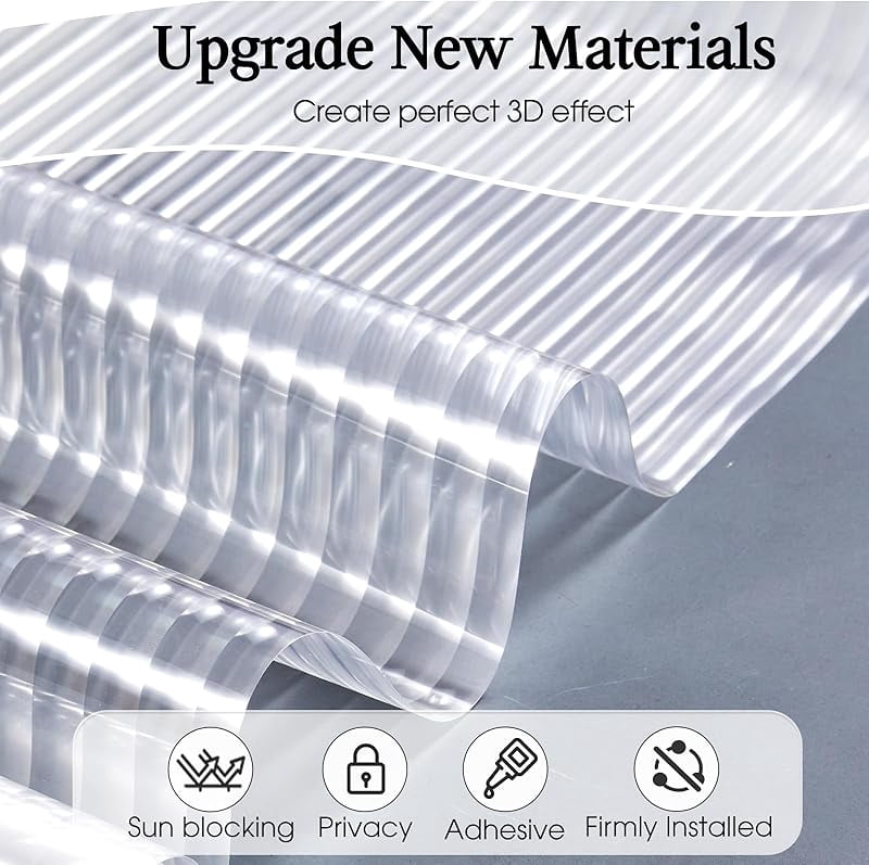 Windimiley Window Privacy Film 3D Reeded Glass Static Clings Fluted Frosted Decorative Window Stickers Winter Heat Control Sun Blocking Film Peel and Stick Adhesive Door Cover,17.5x78.7in,Transparent