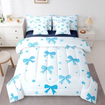 Castle Fairy Cartoon Bow Bedding Comforter Set,Kawaii Stars Print Queen Bedding Sets