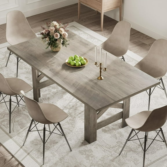 Farmhouse Dining Table for 6-8 People, Long Wooden Kitchen Table with Sturdy Triangular Legs and Thick Frame(Only Table)