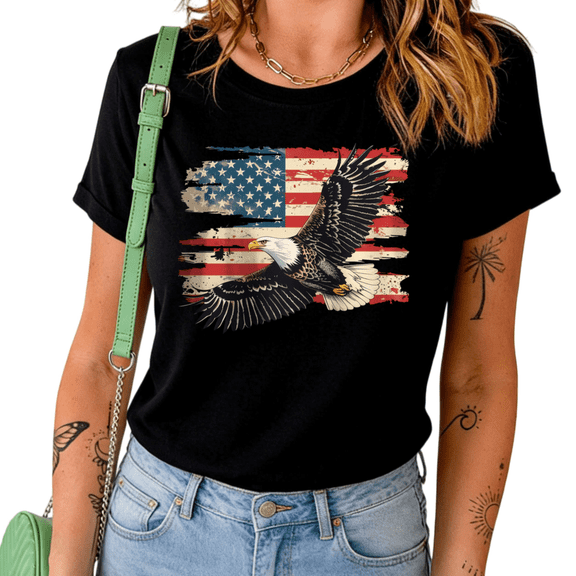 UNISHE Women's Distressed USA Flag Bald Eagle Graphic Black Short Sleeve T-Shirt Casual Cotton Crewneck Patriotic Top