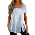 thumbnail image 2 of Hauts d'Été Grande Taille pour Femmes, Mode Décontractée Imprimée, Col Carré, Manches Courtes, Boutons, Blouses Amples, T-Shirt Col en V pour Femmes en Solde, 2 of 5
