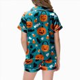 thumbnail image 4 of KPOPLK Girls Short Sleeve Halloween Pajamas Set for Kids Cute Print Collared Tops and Shorts Pjs Set Satin Silk Lightweight Kids Halloween 2 Pieces Outift,Size 2-3 Years, 4 of 5
