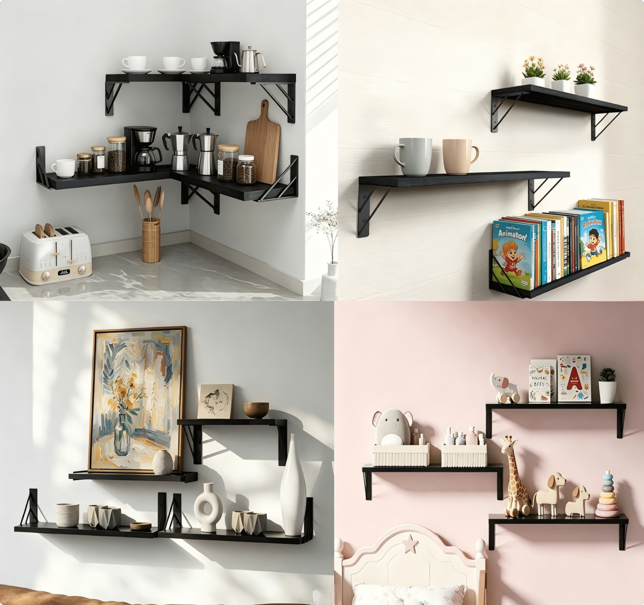 Hyper Tough Black Wood Floating Shelves with Wall Mount - Modern 3 Pack Home Decor