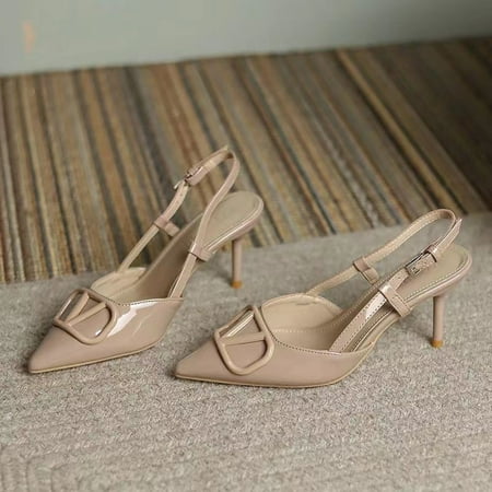 

Nude high-heeled single-shoe sandals for Women patent leather skinny heels shallow back strap overhead sandals