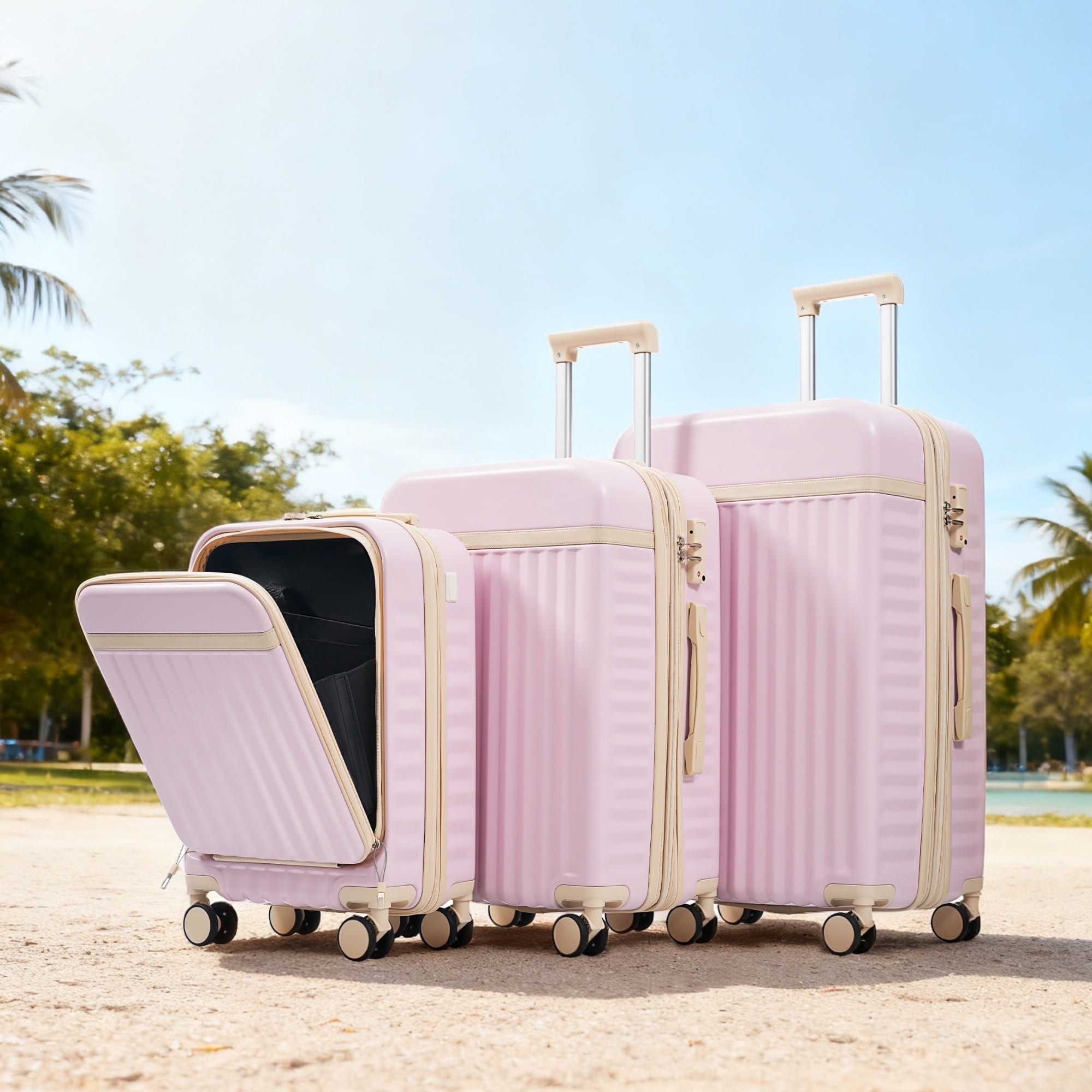 Euroco 3 Piece Front Opening Luggage Set, Hardshell Expandable Carry on Suitcase with Spinner Wheels,USB Port & TSA Lock, Lightweight Luggage for Travel,20in/24in/28in,Pink