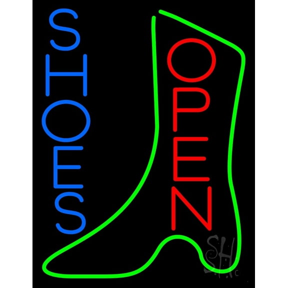 Vertical Blue Shoes Open LED Neon Sign 24 x 31 - inches, Black Square Cut Acrylic Backing, with Dimmer - Bright and Premium built indoor LED Neon Sign for store interior Décor, Storefront.