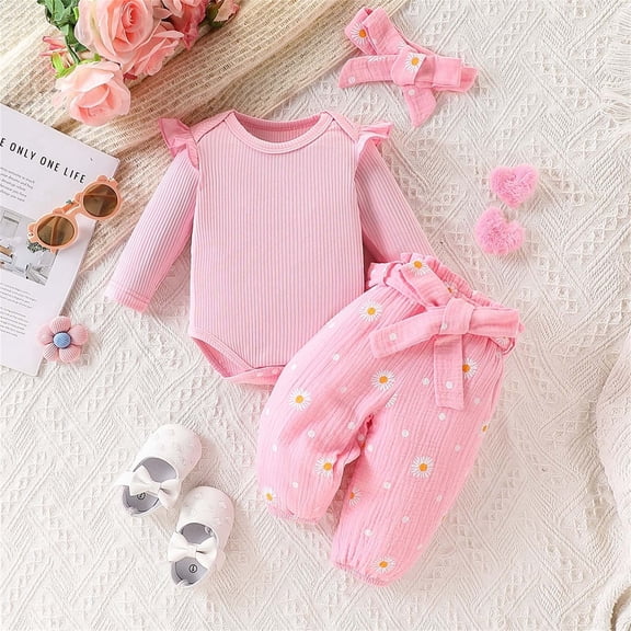 BRGZLK Girls Clothes Fashion Casual Round Neck Collar Newborn Girl Outfits Long Sleeve Jumpsuit Romper and Floral Pants with Headband Pink 1-2 Years