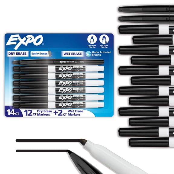 EXPO Dry Erase Markers, Black, Fine Tip, 12 Count   2 Wet Erase Markers Bonus Pack