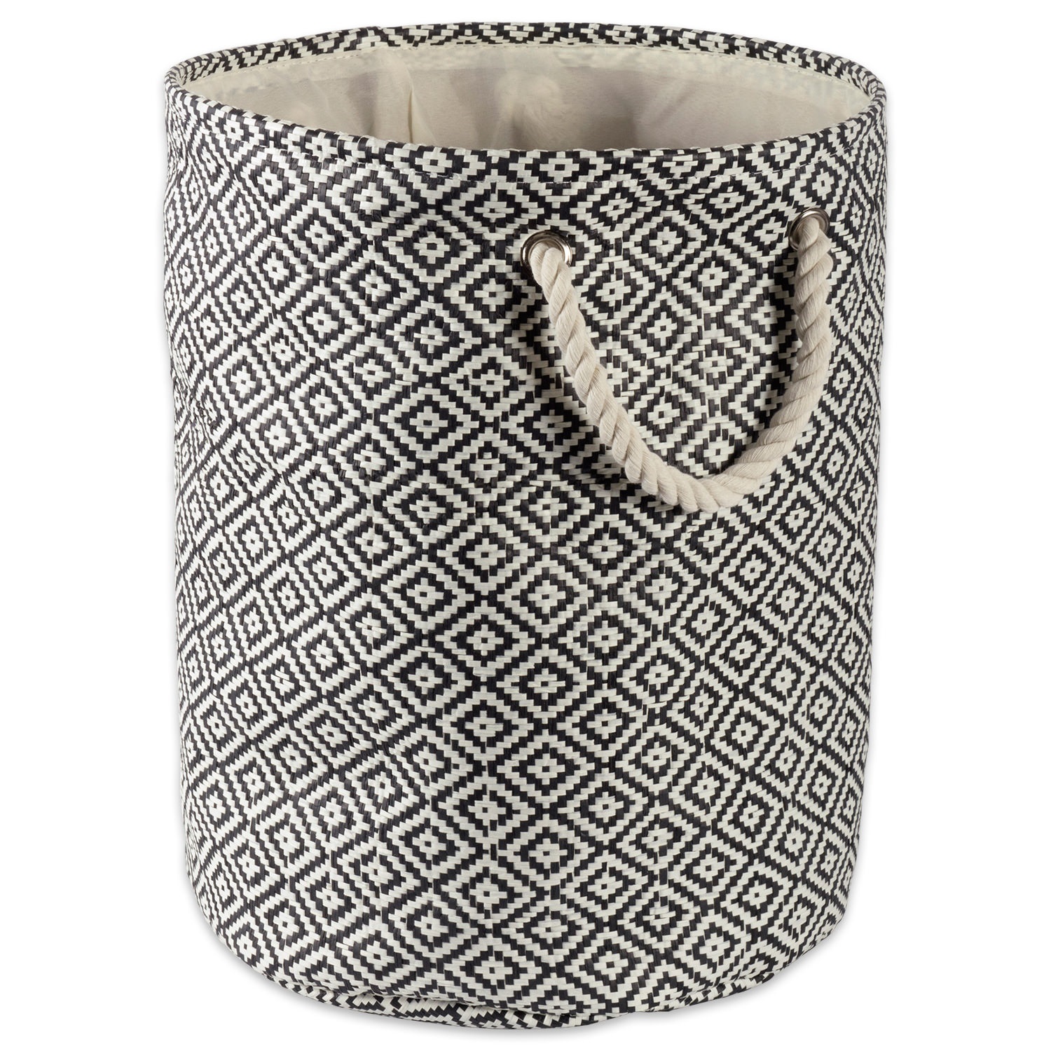 17" Black and Ivory Medium Round Bin with Rope Handles