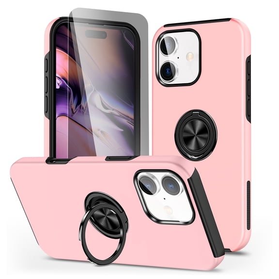 Allytechgroup iPhone 17 Case with Anti-Spy Screen Protector, Ring Holder Kickstand Anti-Scratch Magnetic Back Cover Compatible with Car Mount Rugged Hybrid TPU PC Phone Case, Rosegold