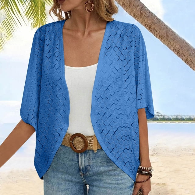 Jsaierl Summer Cardigans for Women Lightweight Eyelet Kimono Cardigans Half Sleeve Solid Color Loose Fit Tops Casual Beach Holiday Cardigans