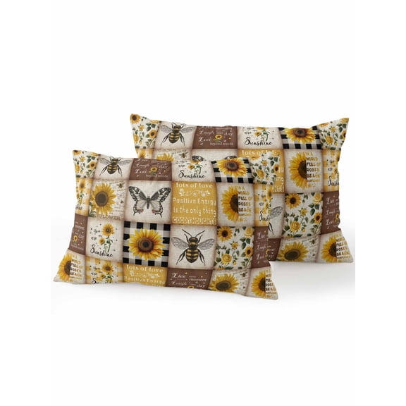 Waterproof Outdoor Throw Pillows with Inserts 12"x20" Set of 2, Sunflowers Soft Decorative Pillowcases for Couch Bedroom, Retro Country Butterfly Bee Floral Plaid Pillow Covers for Sofa Living Room