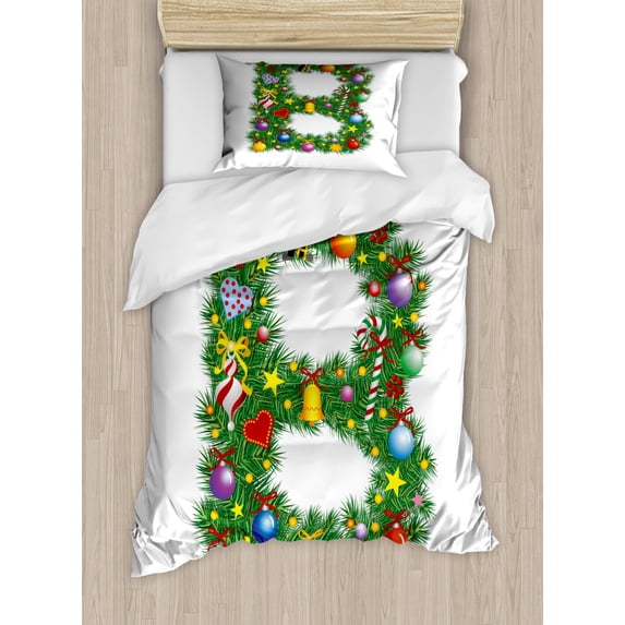 Letter B Twin Size Duvet Cover Set, Tasty Candy Cane and Figure with Top Hat Suit Christmas Tree Design with B Print, Decorative 2 Piece Bedding Set with 1 Pillow Sham, Multicolor, by Ambesonne