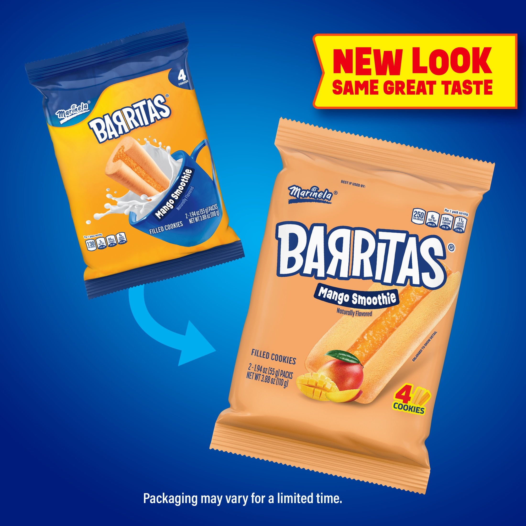 Marinela Barritas Mango Smoothie Filled Cookies, 4 count, Mango Cookie Bars, 3.88 oz Bag