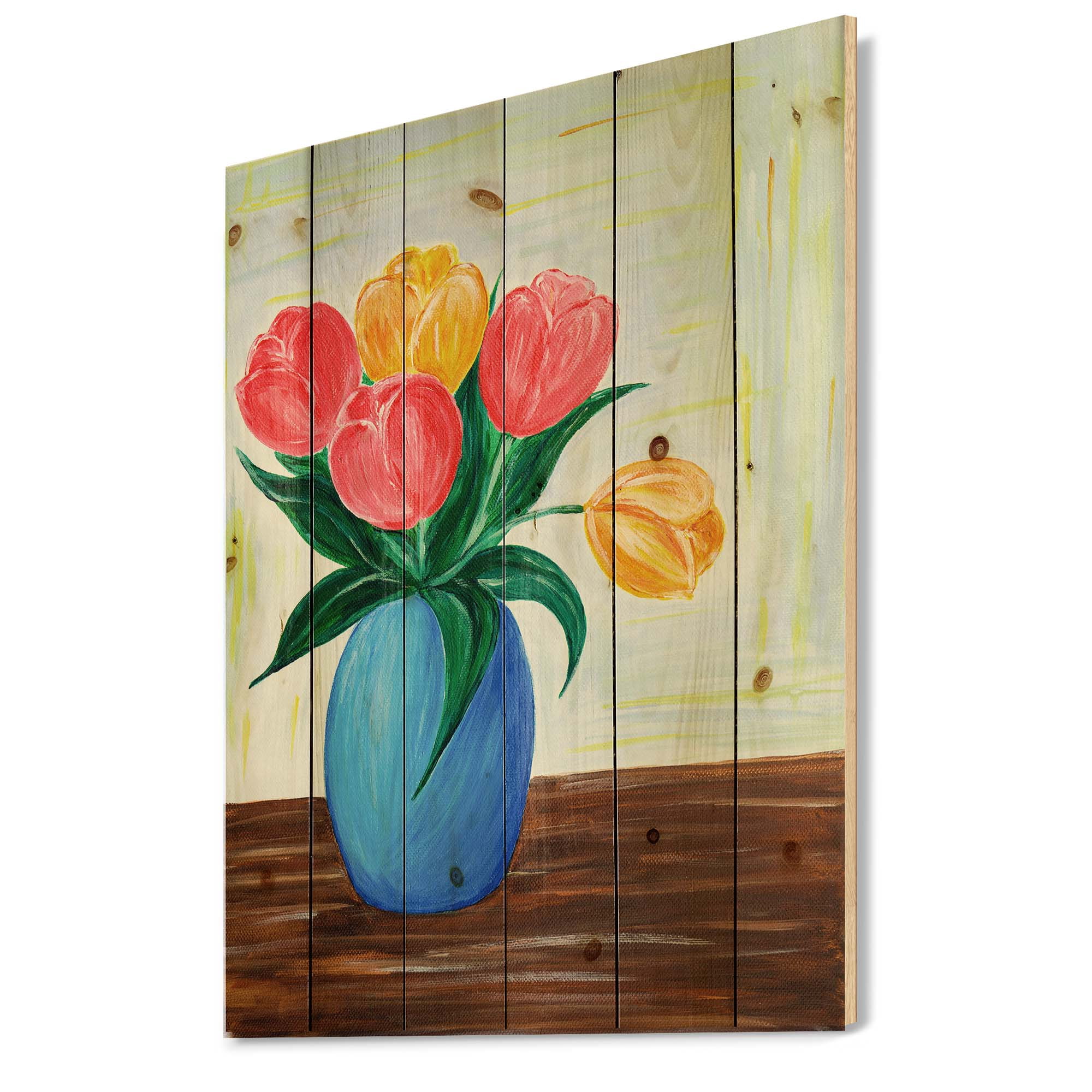 Designart 'Bouquet Of Orange and Red Tulips In A Vase' Traditional Print on Natural Pine Wood