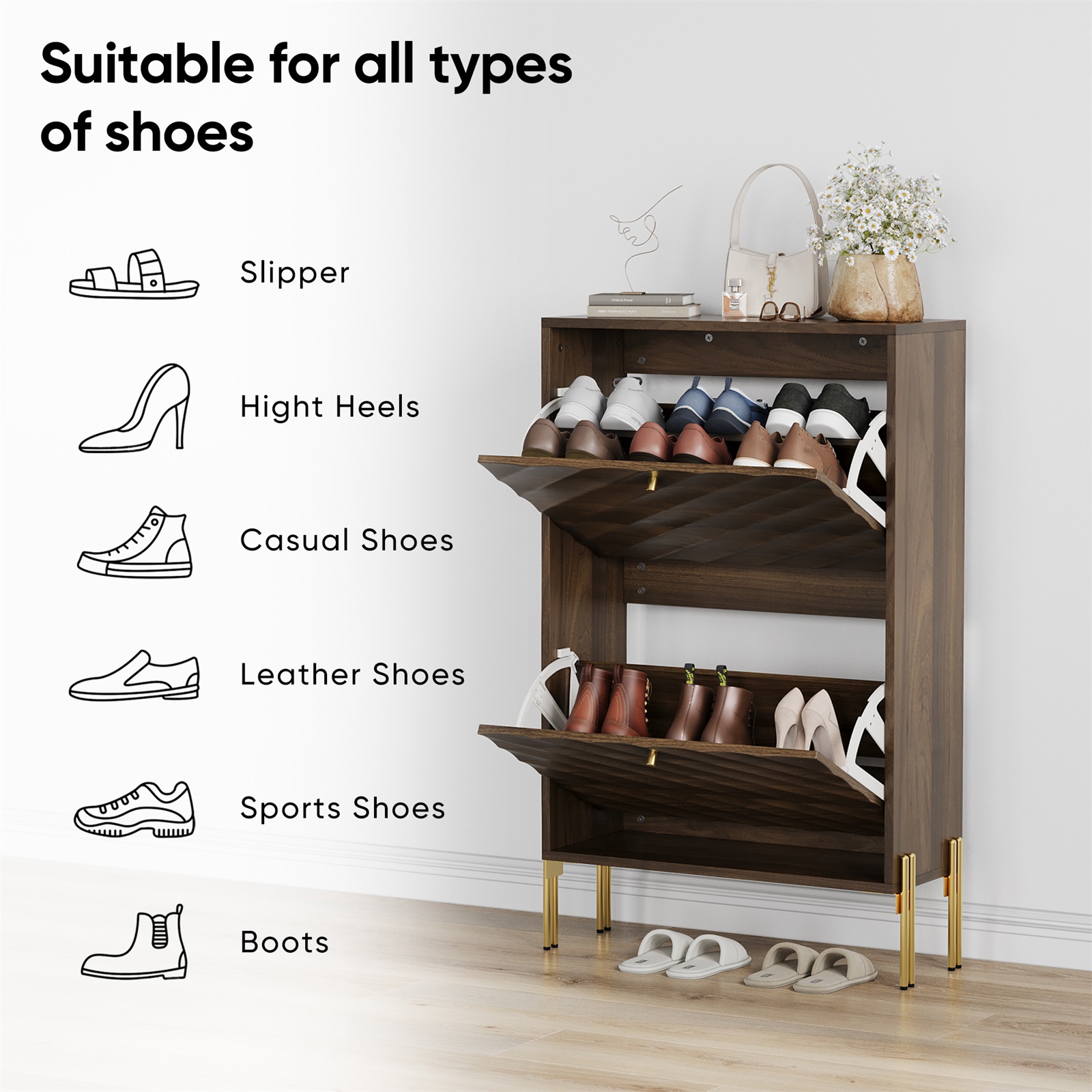 Hommoo Freestanding Shoe Cabinet with 2 Flip Drawers, Mid-century Narrow Shoes Storage Organizer Cabinet for Entryway, Walnut