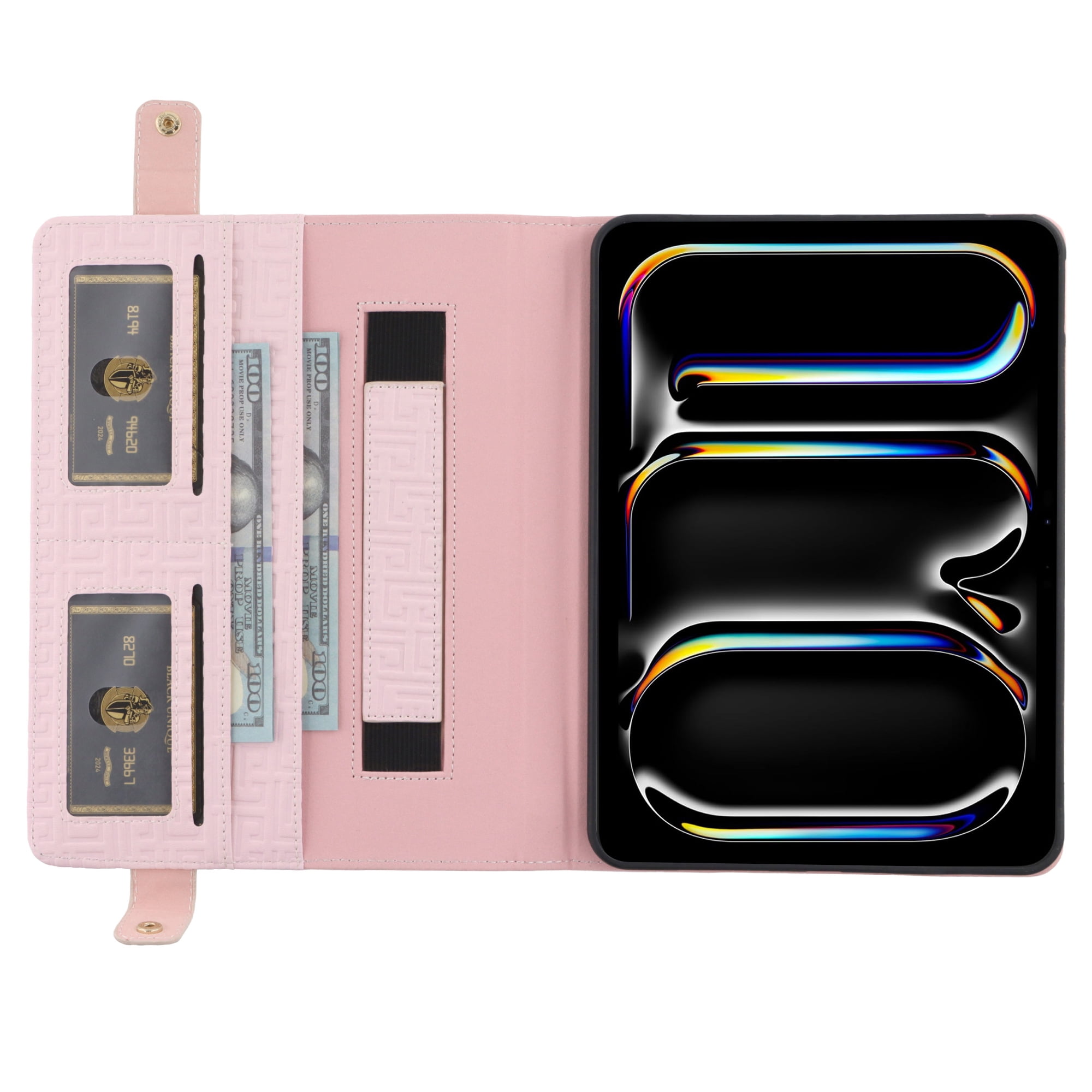 Dteck Case for iPad Pro 13" (M4) 2024, Slim 3D Embossed PU Leather Business Protective Case with Pencil Holder Envelope Pocket Hand Strap Holder Crossbody iPad Case for iPad Pro 13-inch 2024,Pink