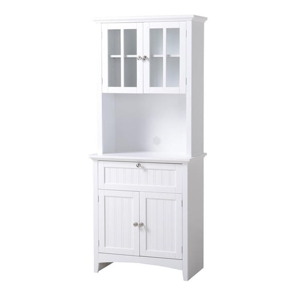 Farmhouse Style White Wood Buffet And Hutch With Glass Doors