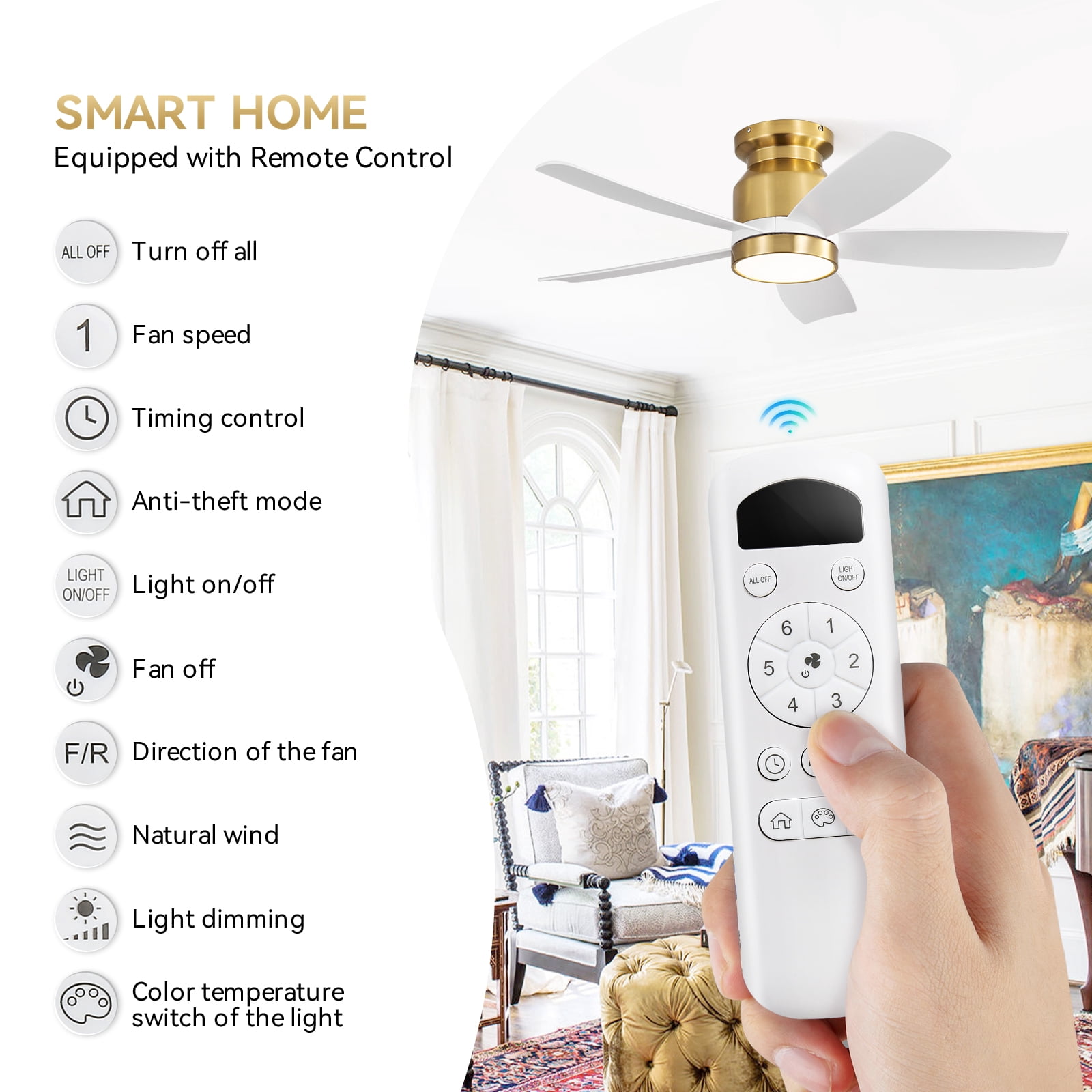 Sofucor 42" Gold Farmhouse Ceiling Fans with Light and Remote, 6-Speed for Bedroom, Living Room, Indoor