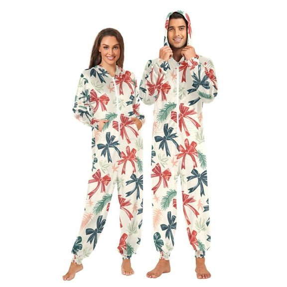 Adult Christmas Onesie Christmas Ribbon Bows Adult Zipper One-Piece Pajamas Unisex Pajamas with Pockets