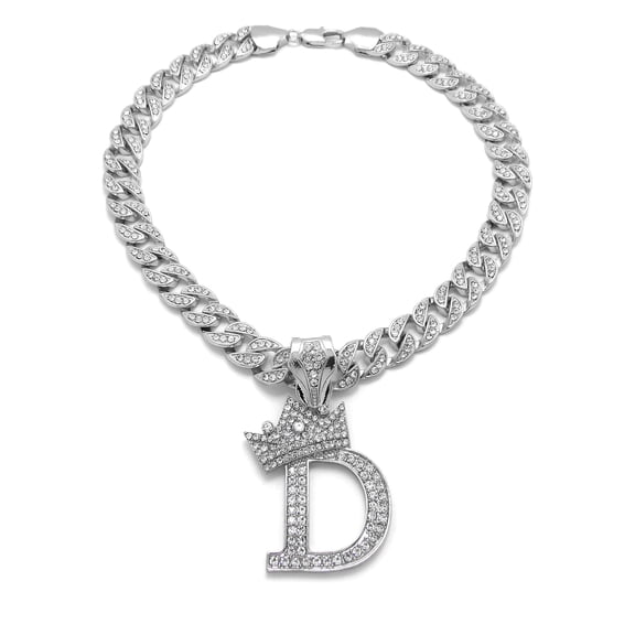 iJewelry2 Kings and Queens Crowned Initial Letter D Crystals Pendant Silver-tone Cuban Linked Chain Necklace