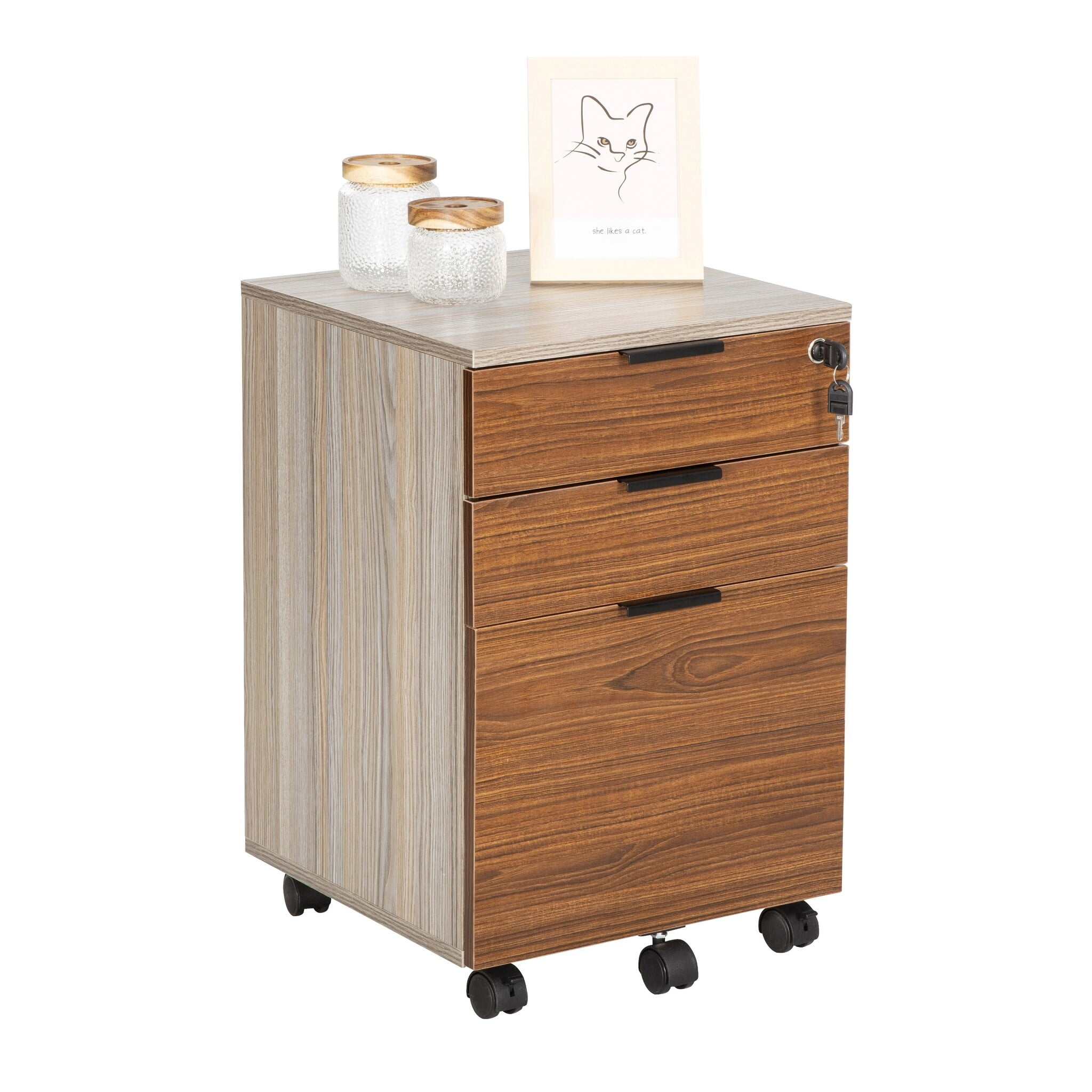 JJS 3drawer Rolling Wood File with Lock Brown Drawer