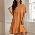 thumbnail image 2 of Flowy Wedding Dresses for Women Casual Cotton Linen Ruffle Tiered Layered Knee Length A-Line Short Dresses V Neck Short Sleeve Wedding Guest Beach Dresses Saffron M, 2 of 5