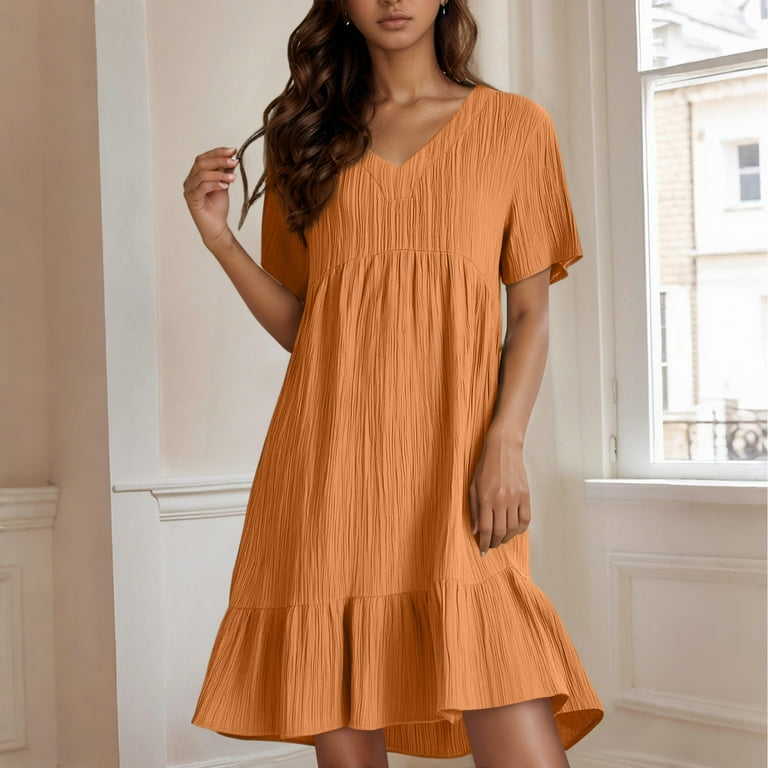 Flowy Wedding Dresses for Women Casual Cotton Linen Ruffle Tiered Layered  Knee Length A-Line Short Dresses V Neck Short Sleeve Wedding Guest Beach  Dresses Saffron M - Walmart.com