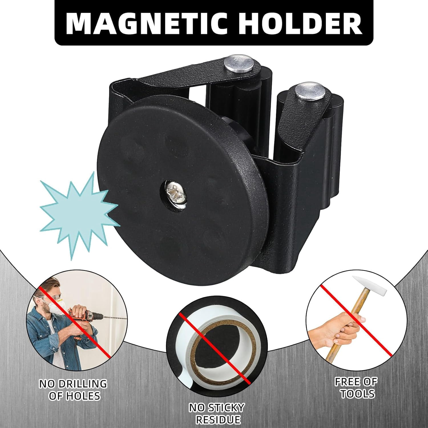 2 Pcs Magnetic Mop Broom Holder Movable Rack, Anti Slip Wall Mounted Utility for Cleaning Tools, Garage, Kitchen, Laundry, Garden (Black)