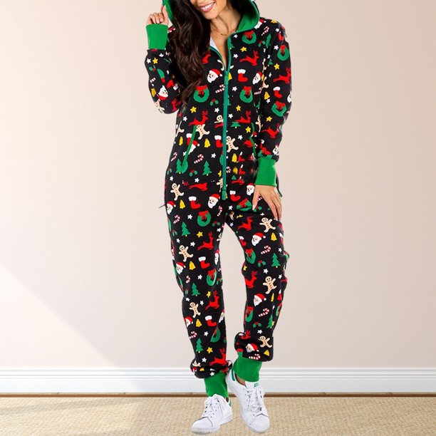 Mameluco con estampado de manga larga para mujer Ropa de dormir cómoda con estampado navideño Ropa de estar informal