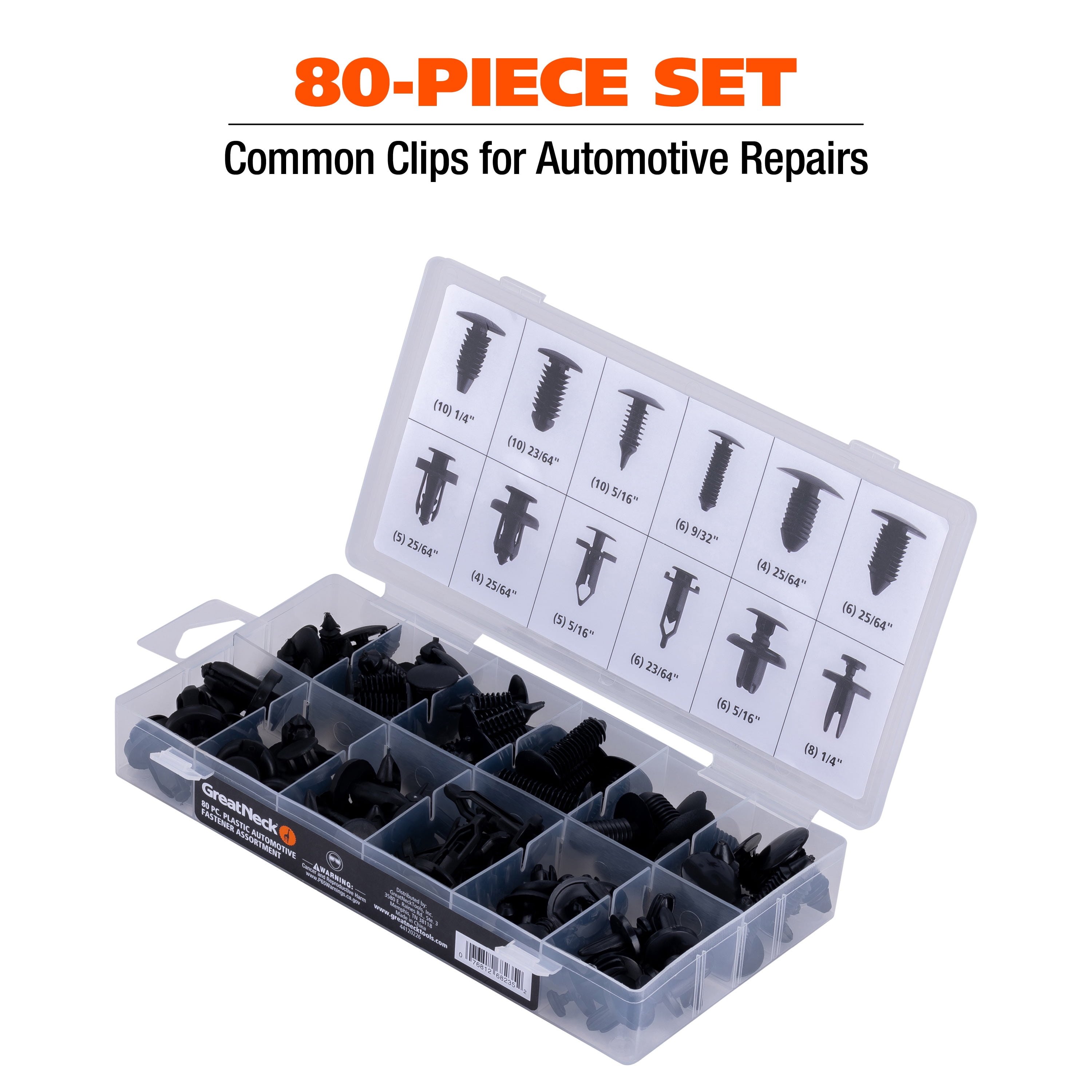 GreatNeck 80 Piece Automotive Plastic Fastener Assortment Set for Interior and Exterior Use