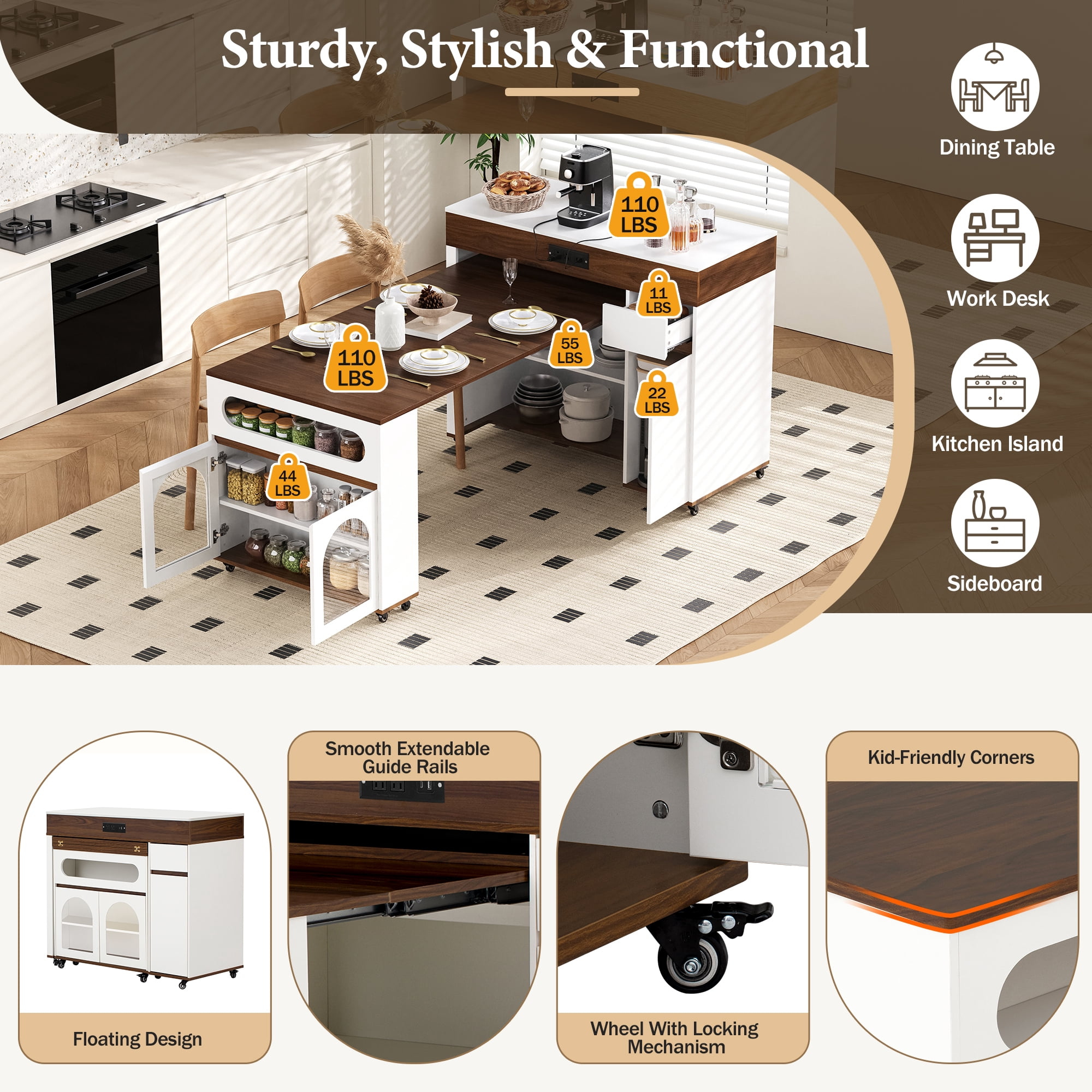 MODERNLUXE Extendable Dining Table with Extra-Long Folding Tabletop, Rolling Kitchen Island with Drawers,Power Outlet and Brake lock, Sideboard Storage Cabinet for Kitchen, Dining Room,Walnut