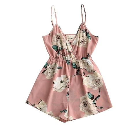 

Jumpsuit For Women Fashion Loose Printed Sleeveless V-Neck Suspenders Overalls Pink XXL