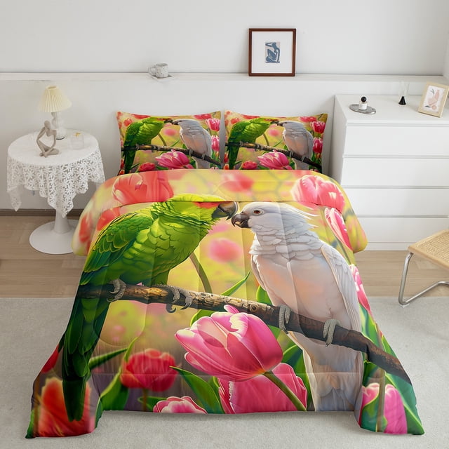 YST Parrot Comforter Set, King, Cute Birds Pattern, Pink Tulip Floral, Down Comforter