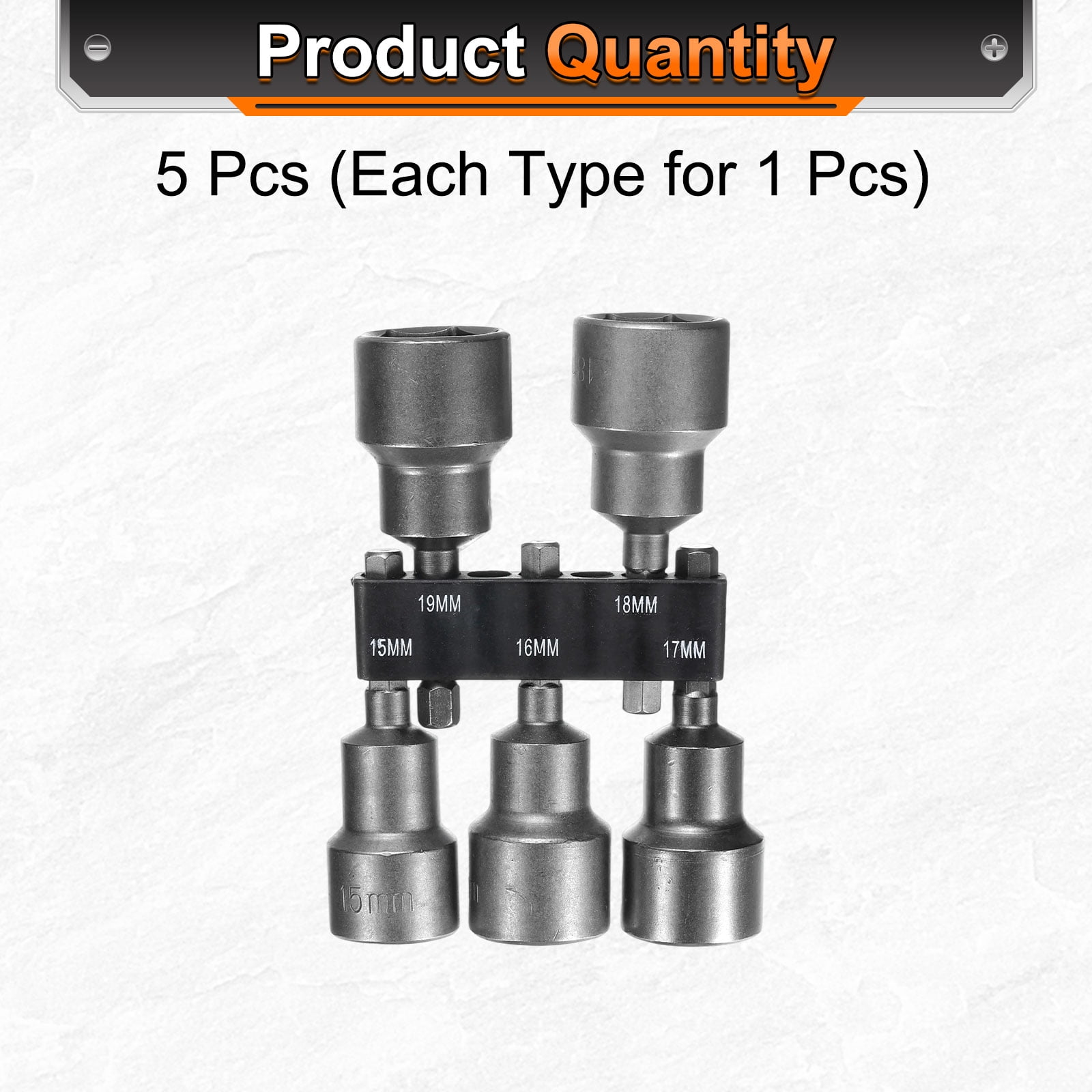 Uxcell 5pcs Hex Nut Driver Drill Bit 15/16/17/18/19mm 6-Point Drill Socket 1/4" Hex Shank 65mm Length Nut Setter Quick-Change Nut Impact Driver Bit Set with Bit Holder