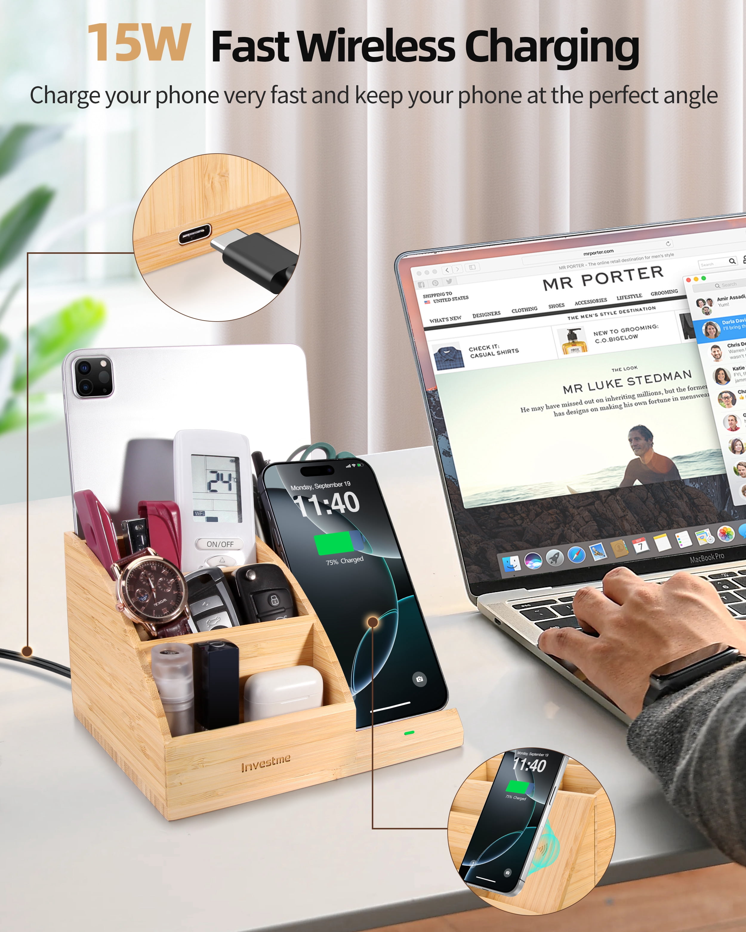Investme Desk Organizer with Wireless Charging, Bamboo Pencil Holder with 15W Fast Wireless Charger Compatible with iPhone and Samsung for Desk & Nightstand