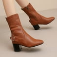 thumbnail image 4 of Ankle Boots for Women Square Toe Retro Leather Fall Winter Dress Short Booties Buckle Strap Zip up Chunky Block Heel Mid Calf Boots, 4 of 7