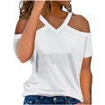 thumbnail image 2 of Pincandy Women's Summer Fashion Solid Color-neck Off Shoulder Casual Short Sleeved Top Short Sleeved-neck Top/Shirt,White,2XL, 2 of 5